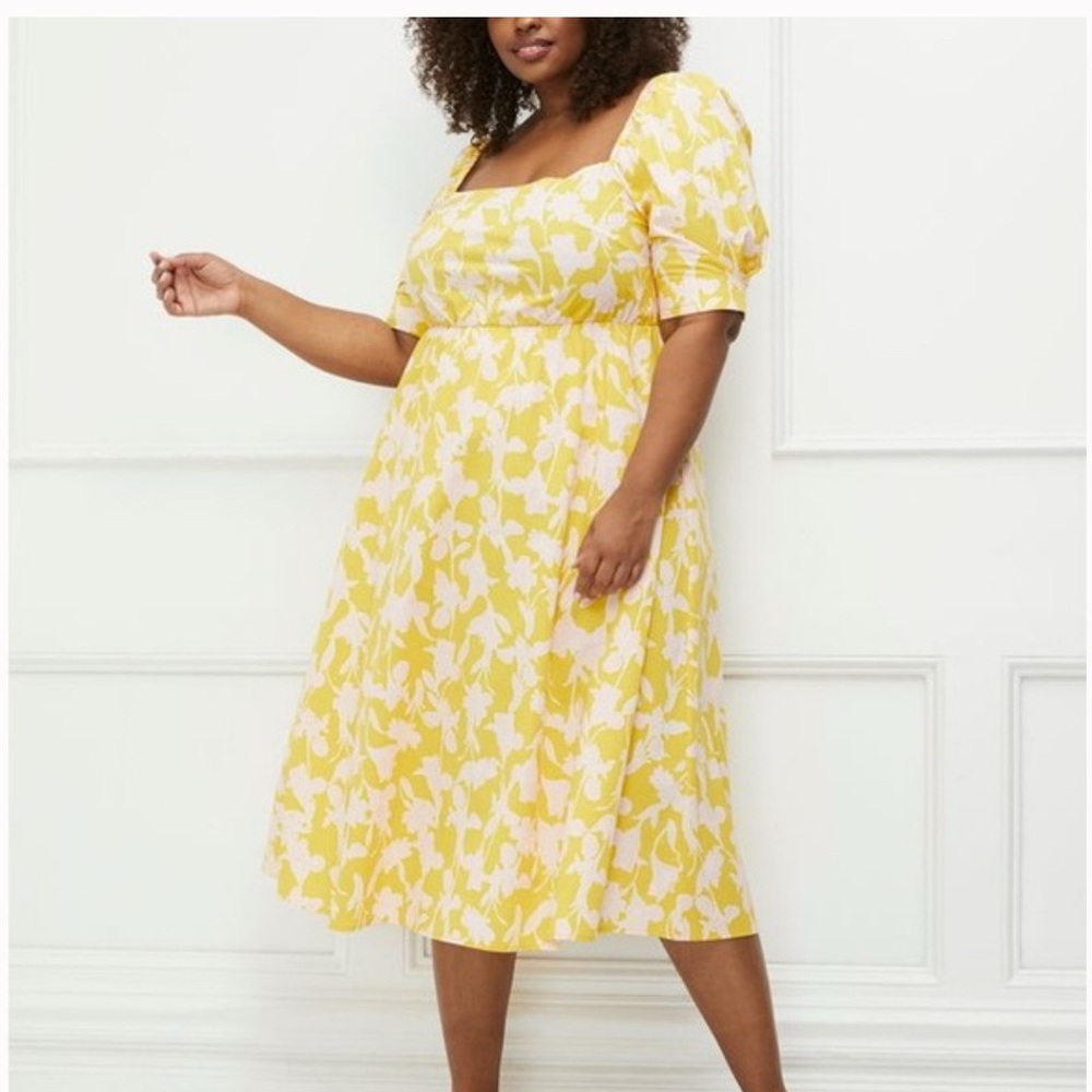 ELOQUII  Puff Sleeve Fit and Flare Yellow Floral Print Midi Dress Size 18